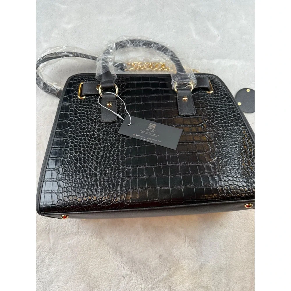 Dasein Black Croc Embossed Satchel Handbag Gold Accent‎ Chain Strap New